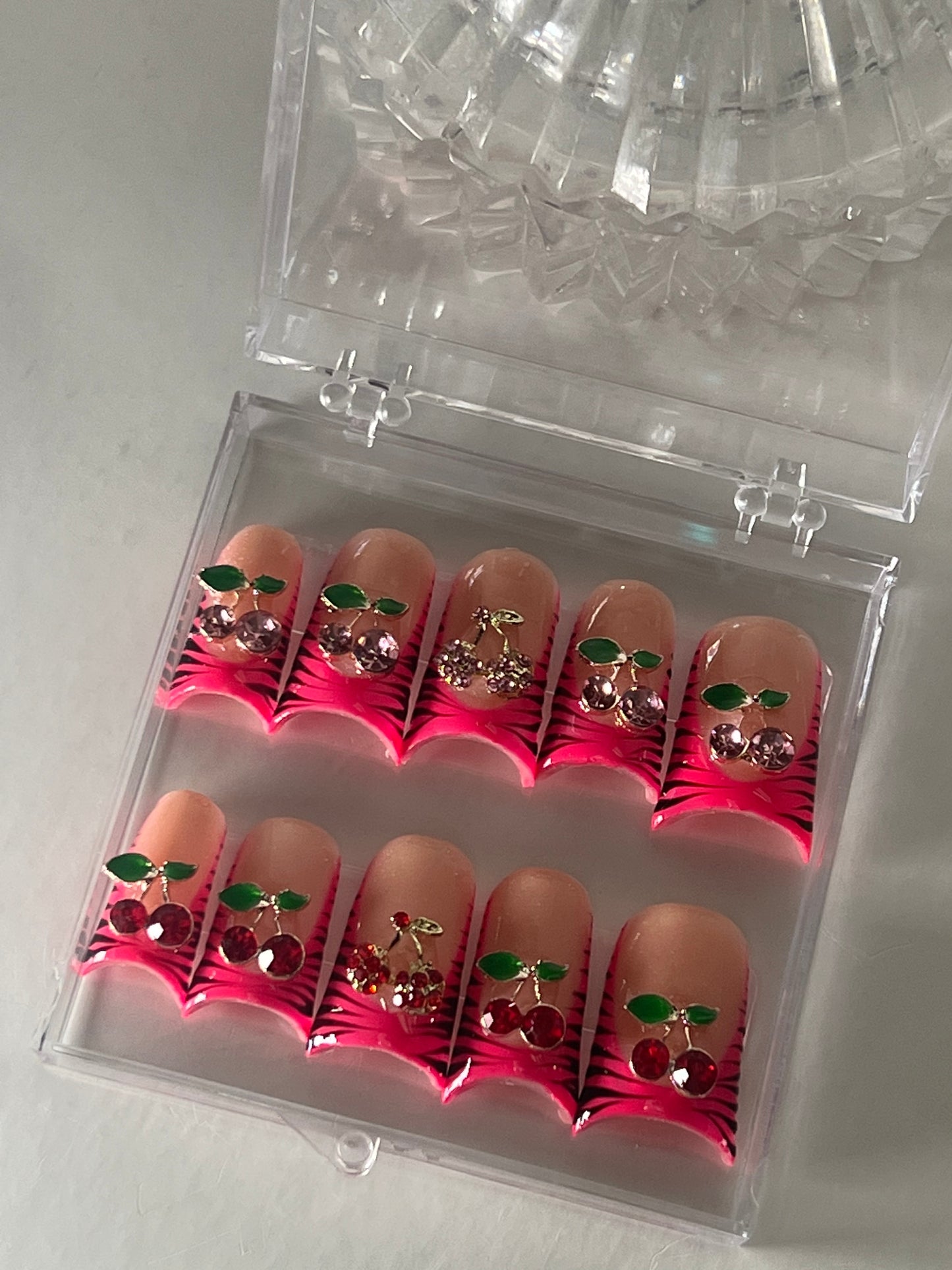 Pink Zebra & Cherries Medium Duck Nails π