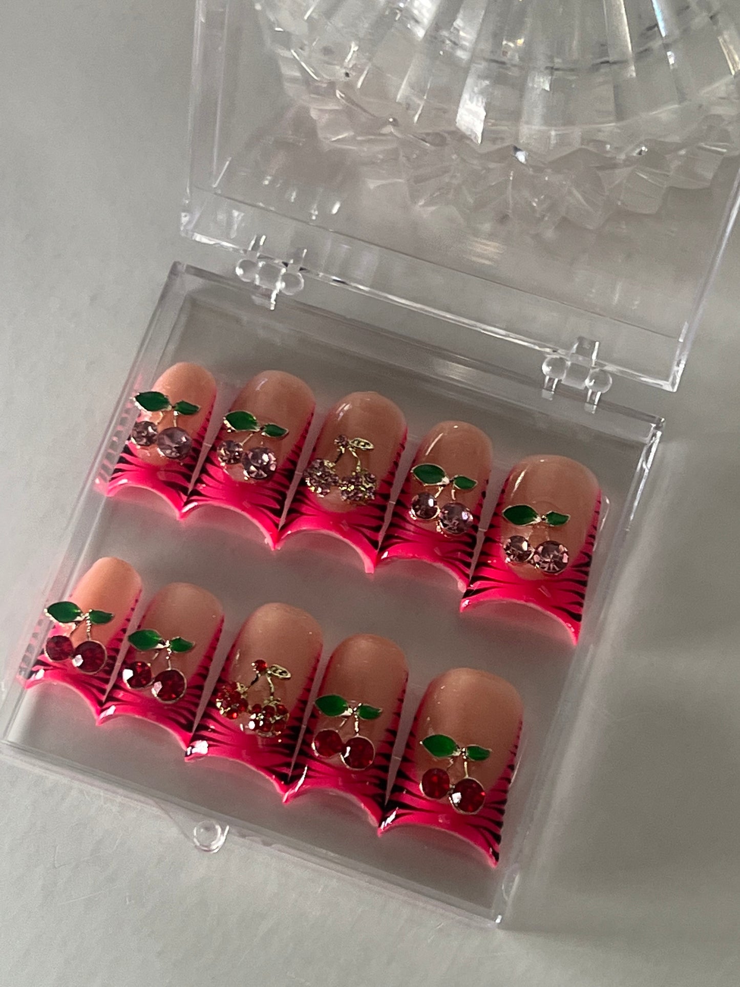 Pink Zebra & Cherries Medium Duck Nails 🍒